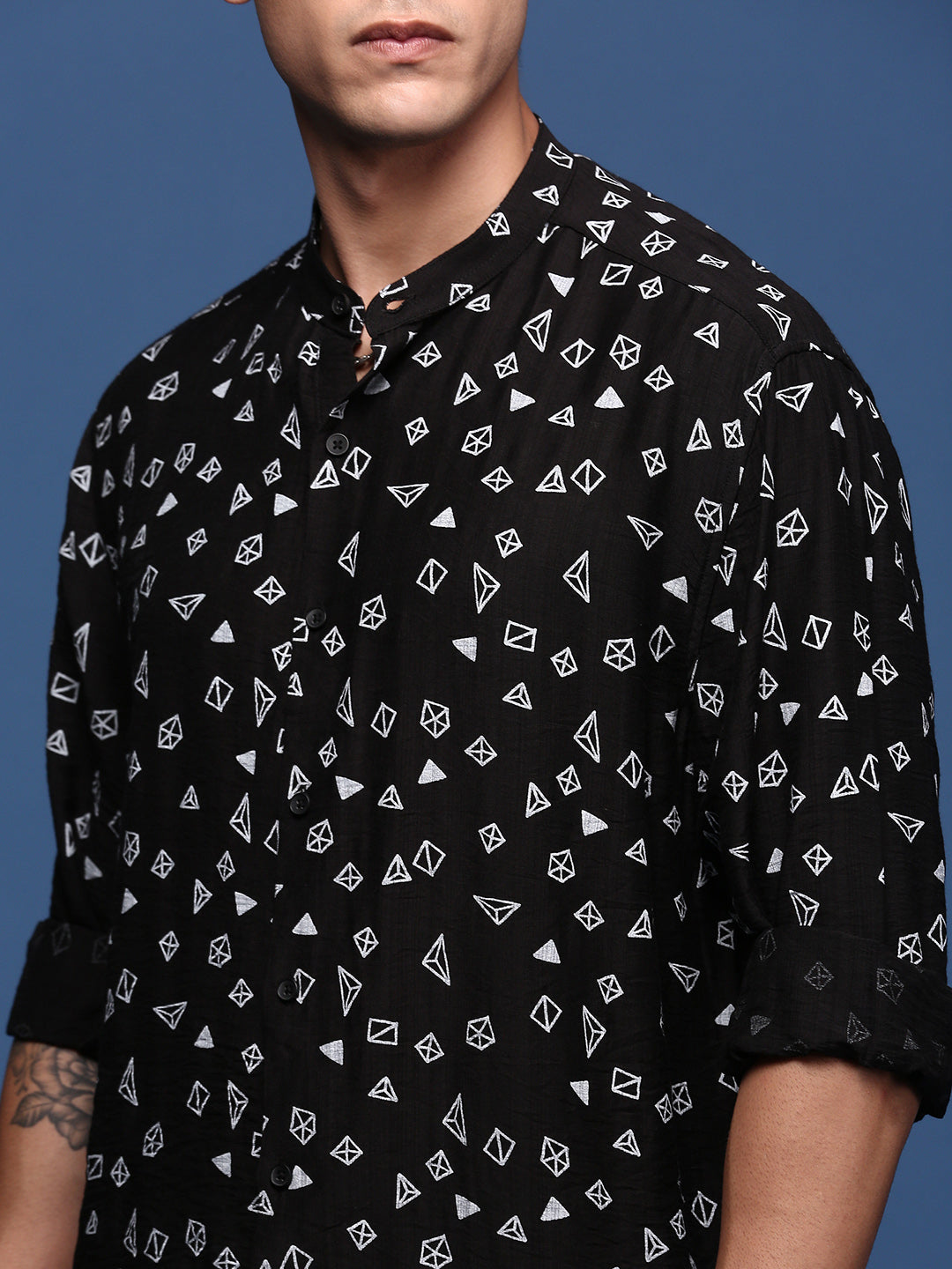 Men Mandarin Collar Geometric Black Slim Fit Shirt