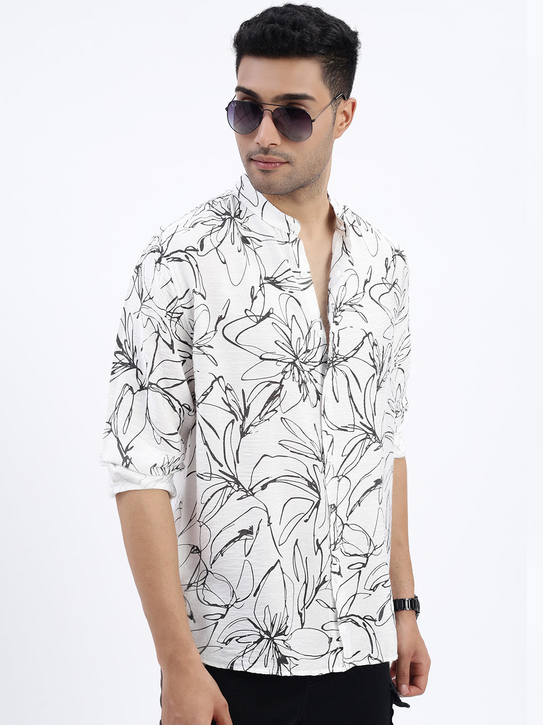 Men White Floral Slim Fit Shirt