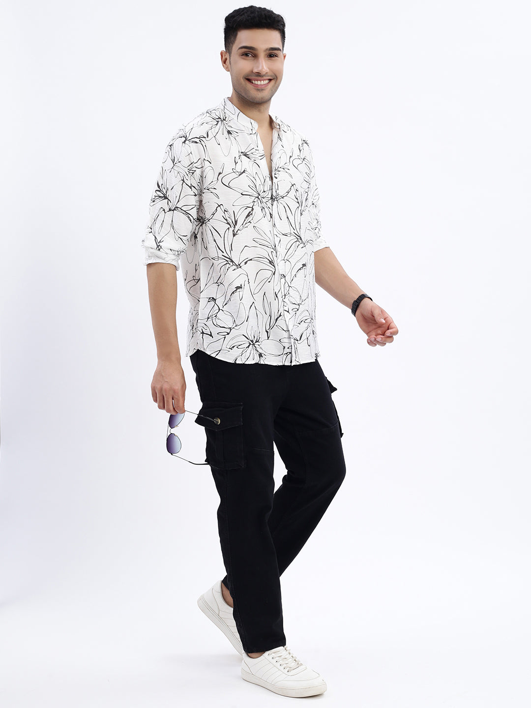 Men White Floral Slim Fit Shirt