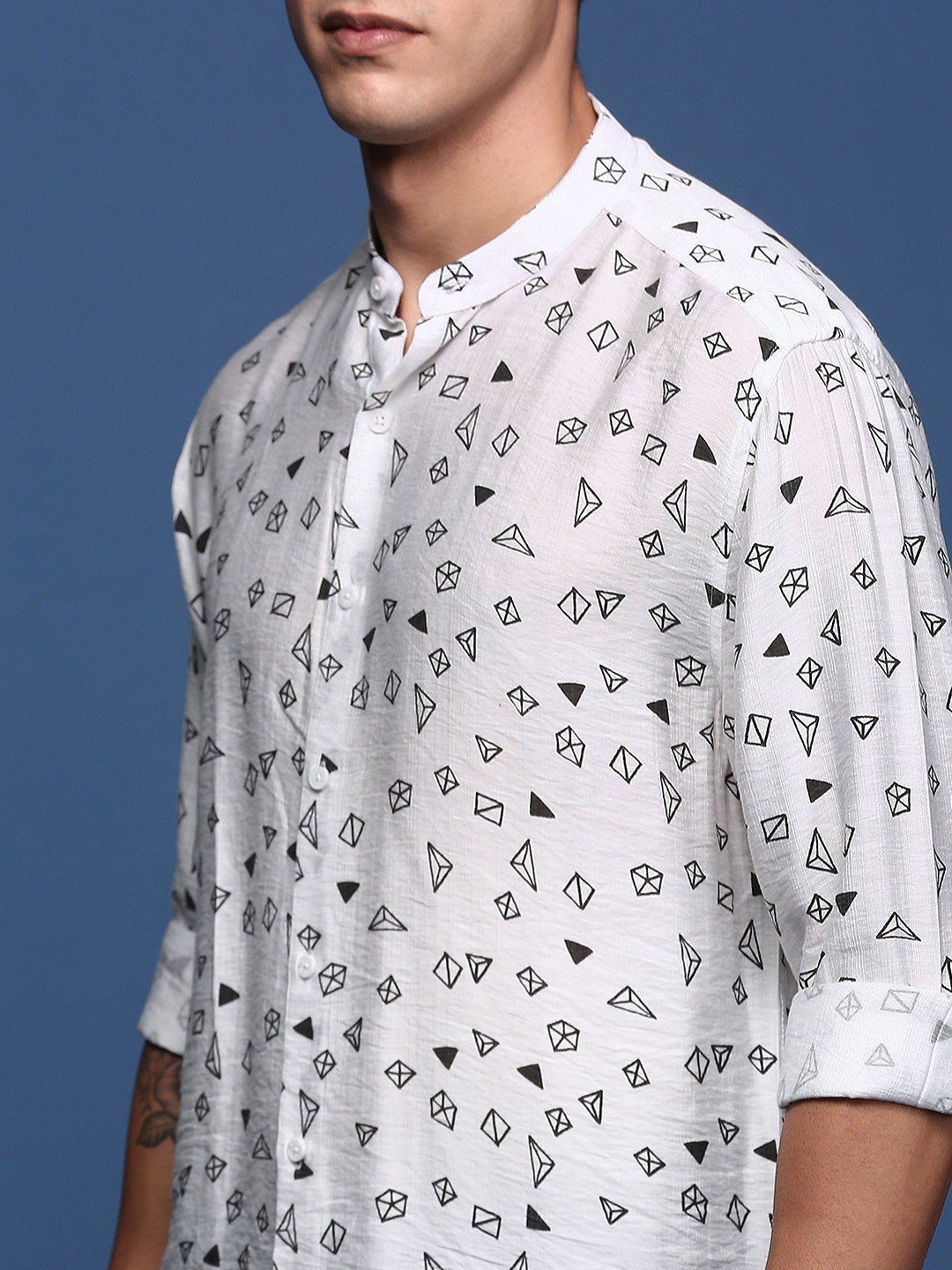 Men Mandarin Collar Geometric White Slim Fit Shirt