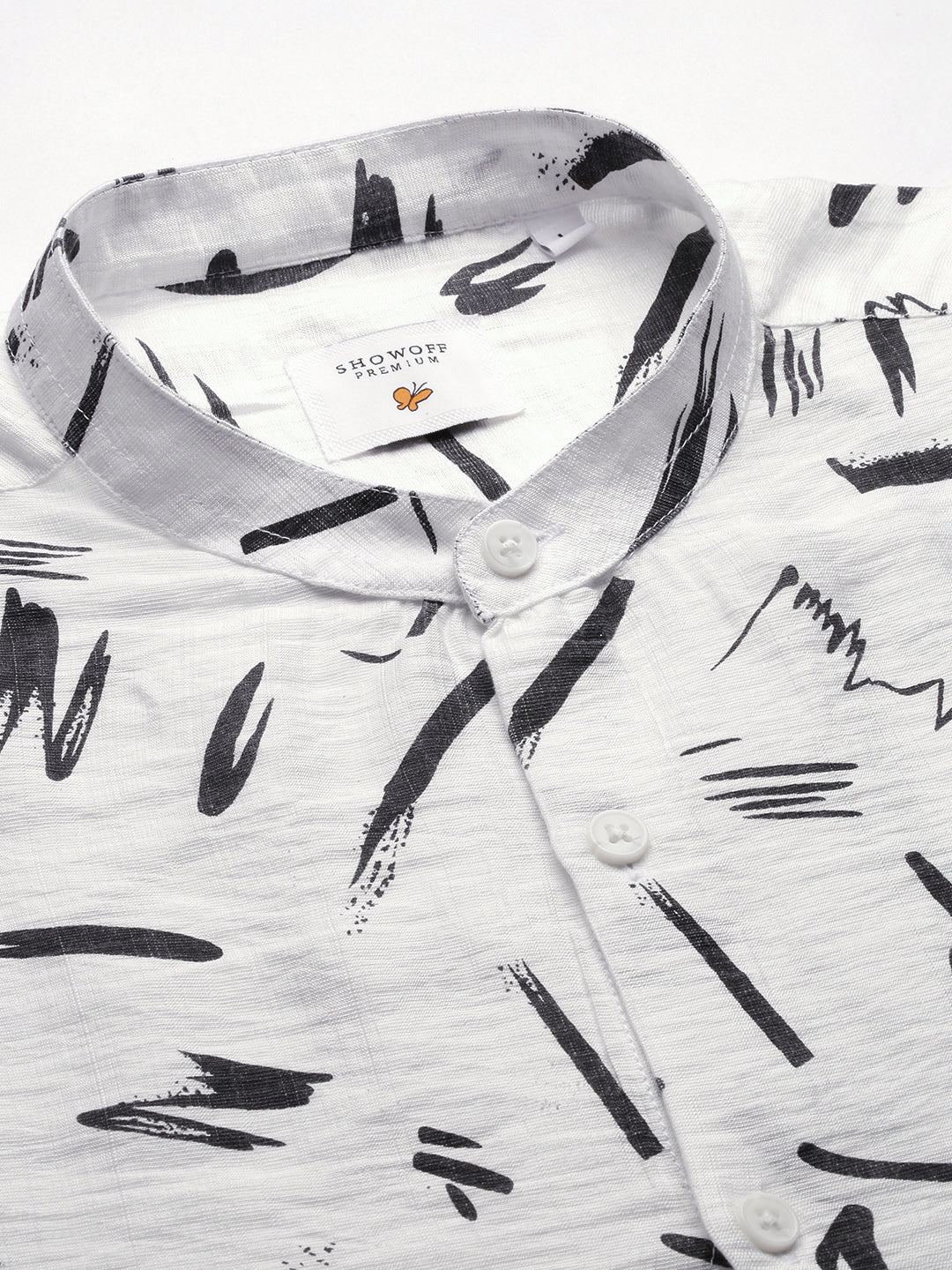 Men Mandarin Collar Abstract White Slim Fit Shirt