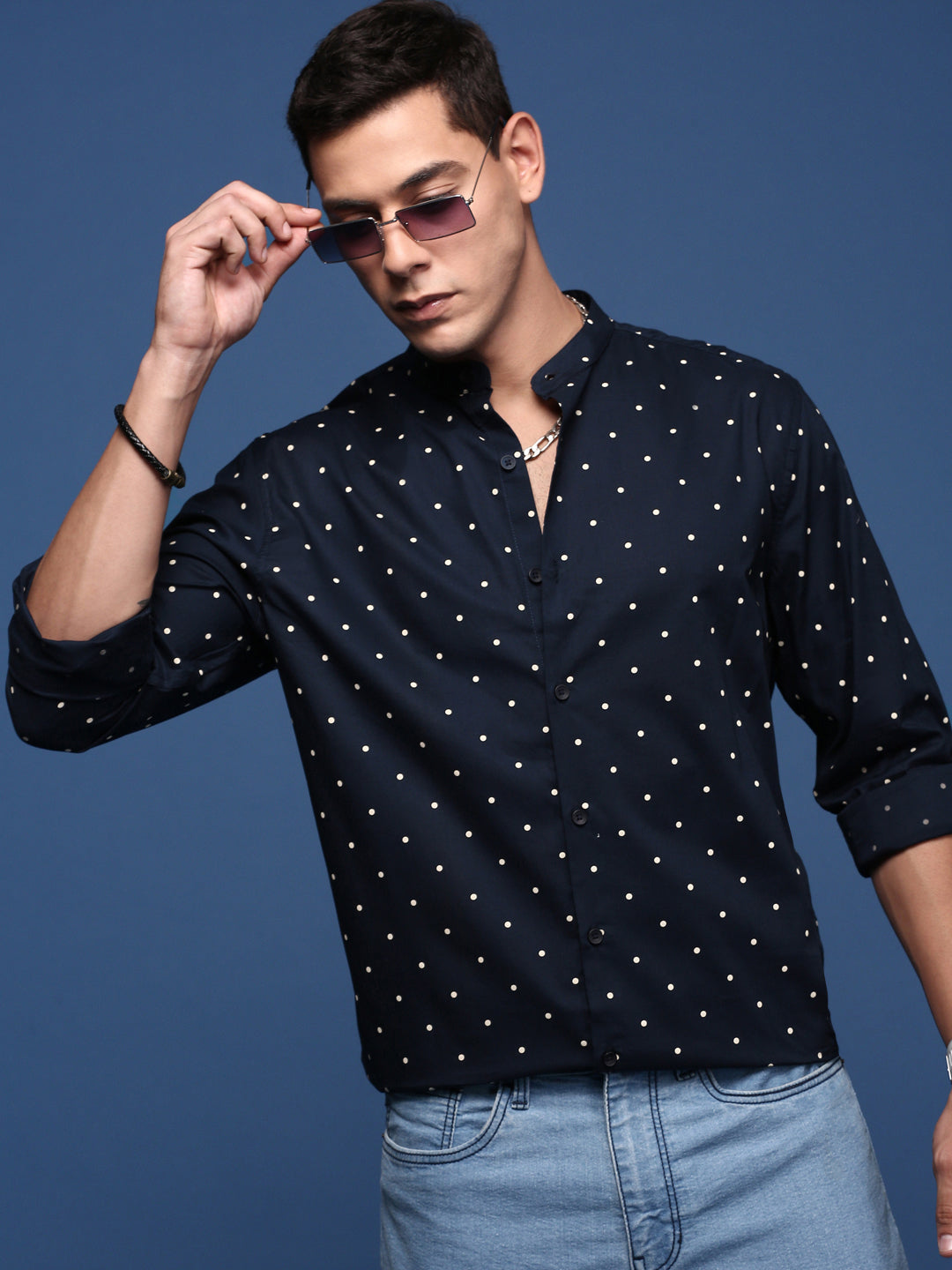Men Mandarin Collar Polka Dots Navy Blue Slim Fit Shirt