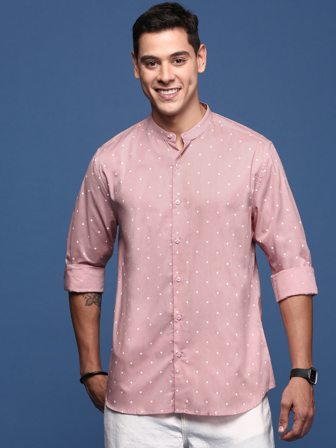 Men Mandarin Collar Polka Dots Pink Slim Fit Shirt