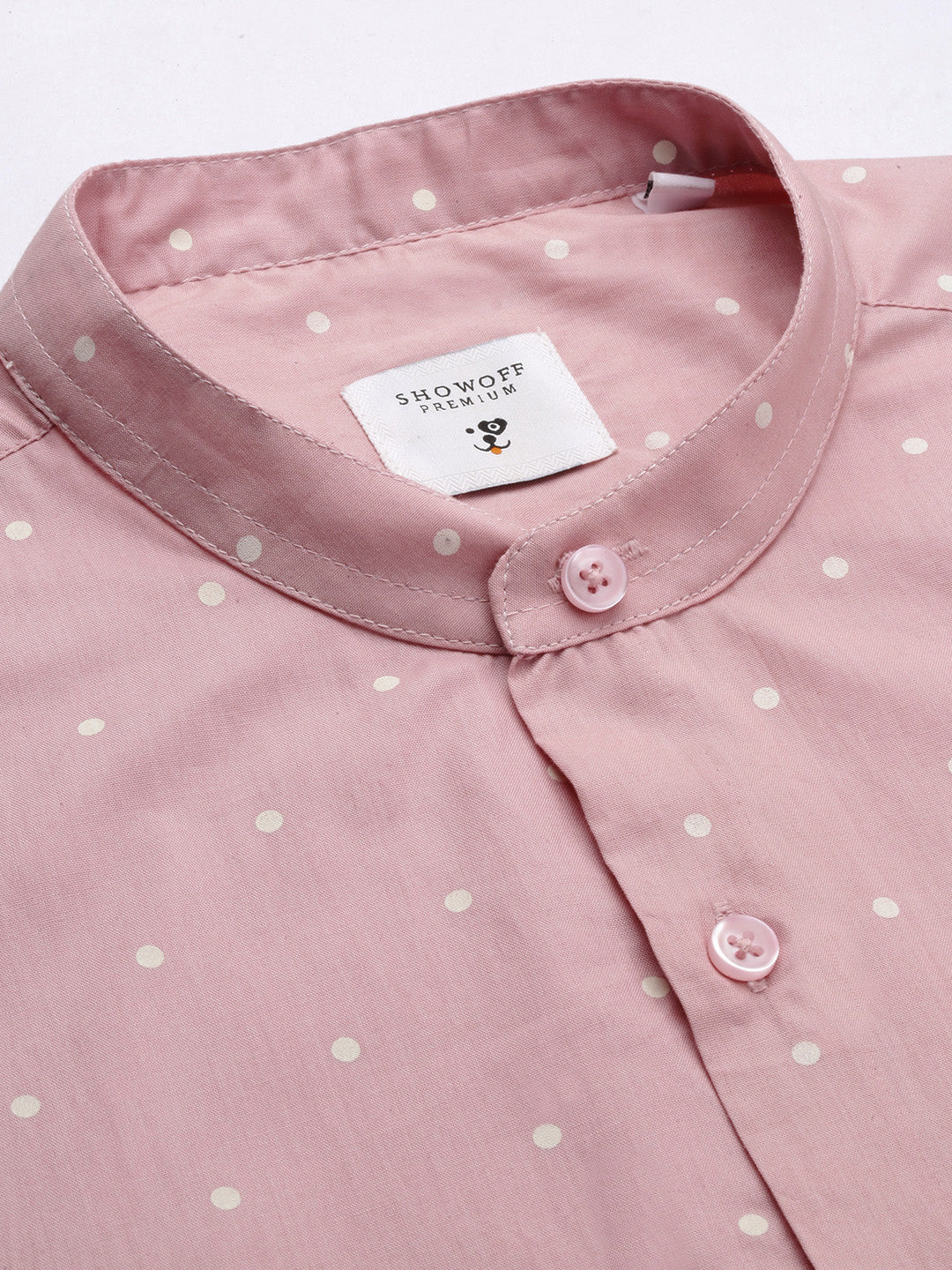 Men Mandarin Collar Polka Dots Pink Slim Fit Shirt