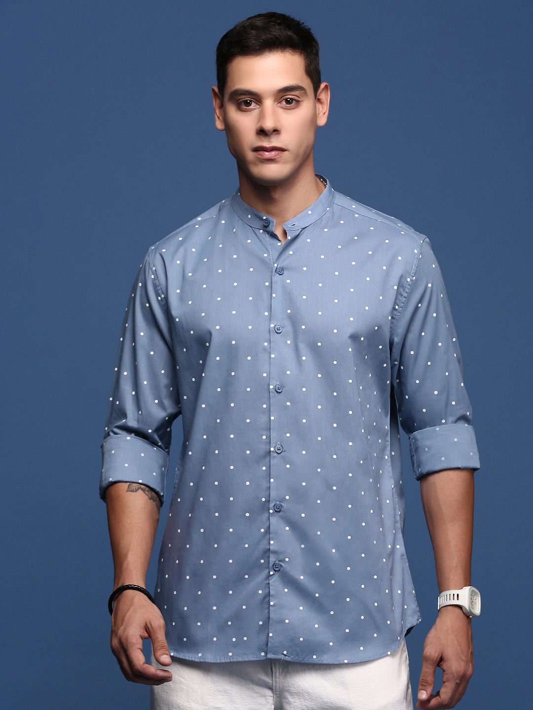Men Mandarin Collar Polka Dots Blue Slim Fit Shirt