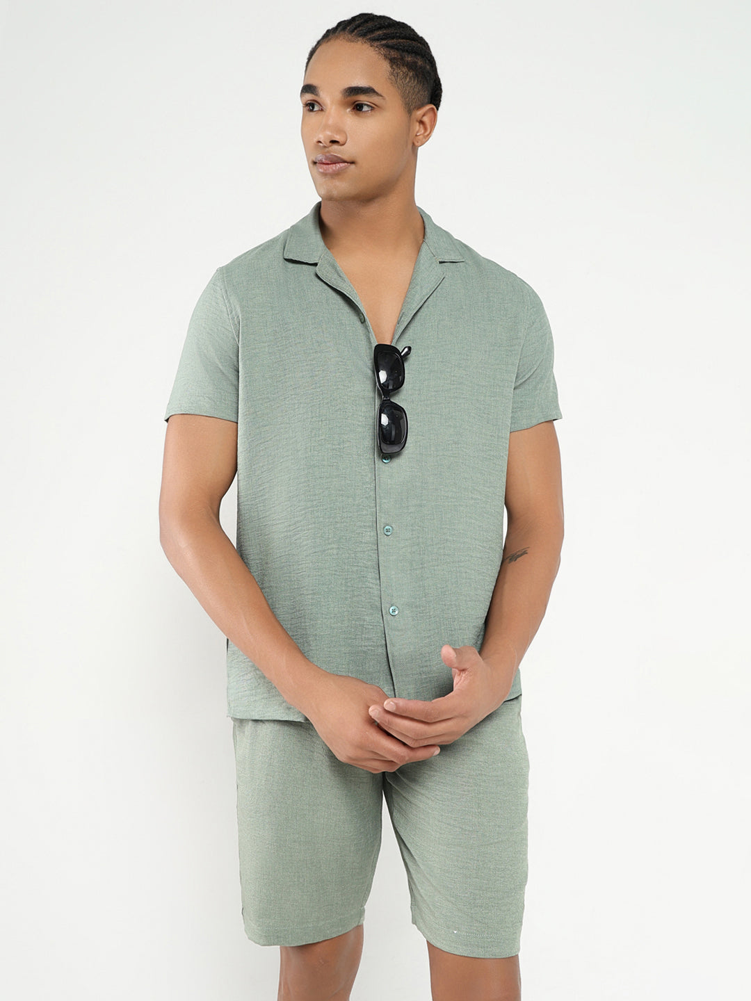 Men Green Solid Co Ords Set