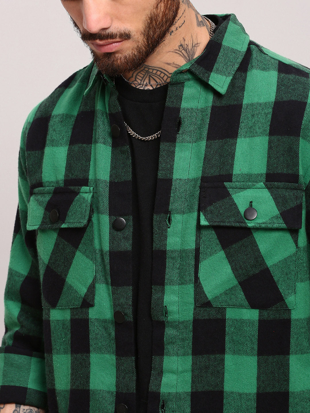 Men Green Checked Shacket