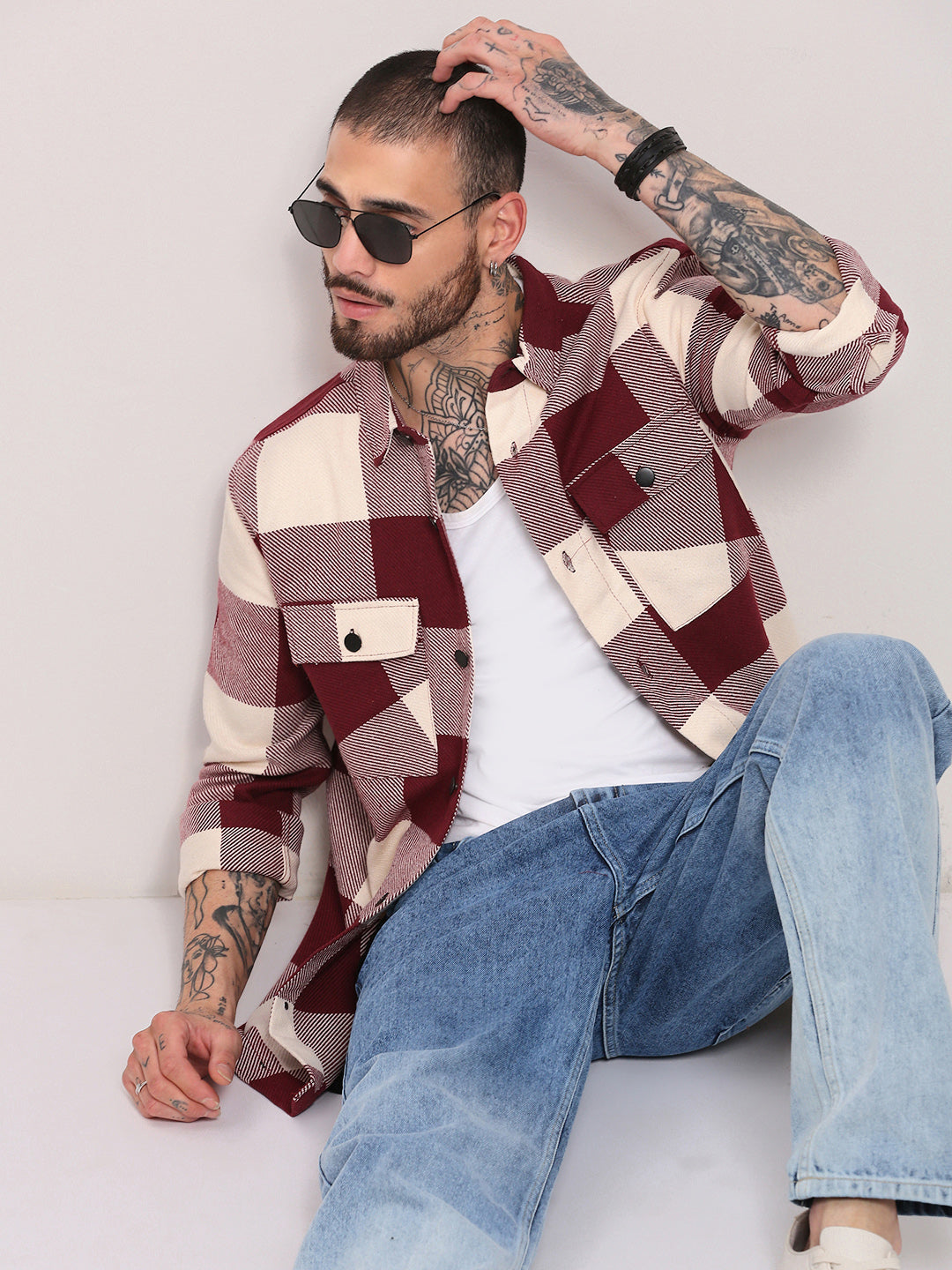 Men Maroon Checked Shacket