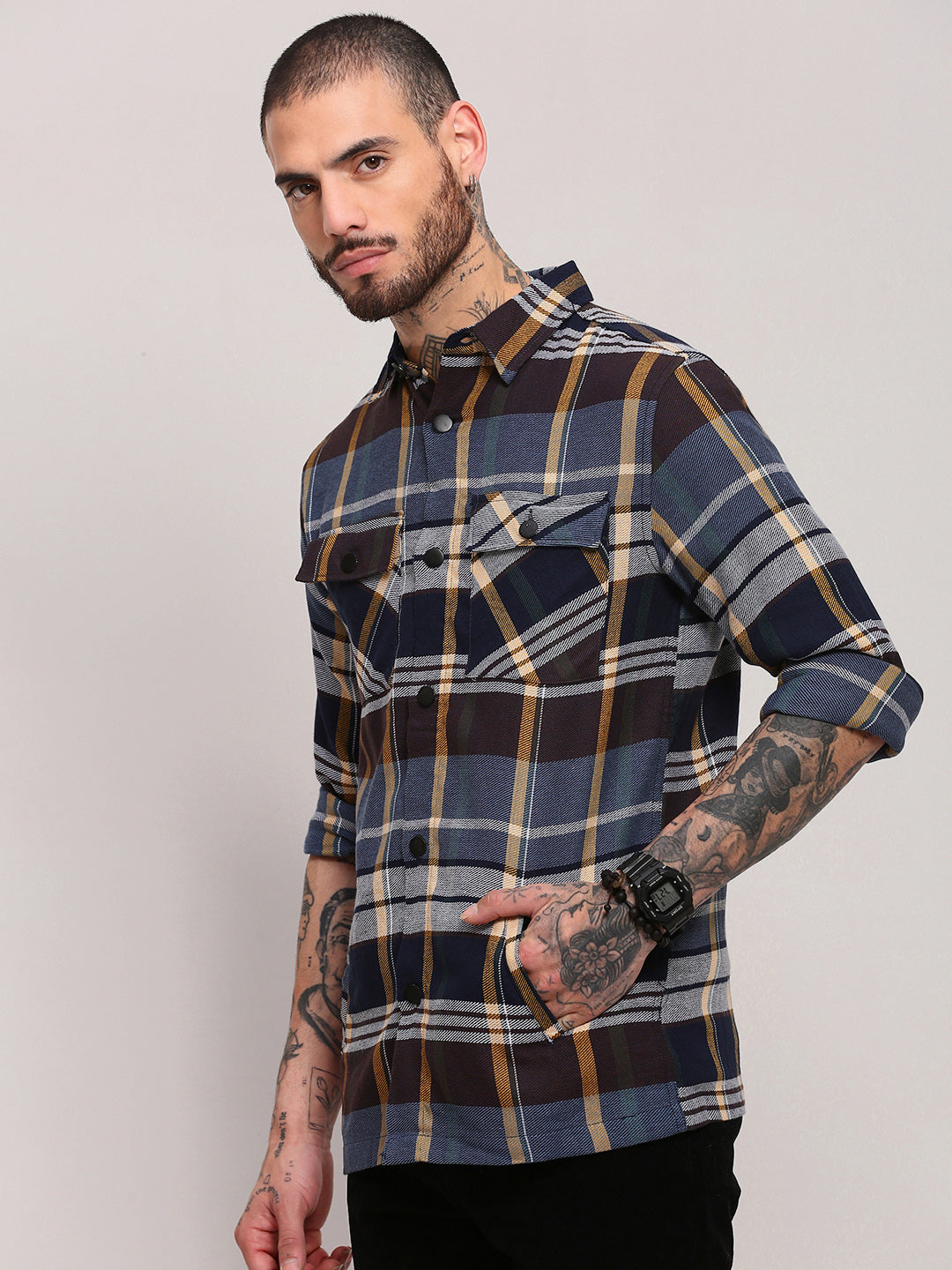 Men Blue Checked Shacket