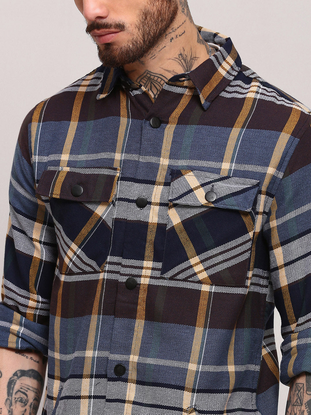 Men Blue Checked Shacket