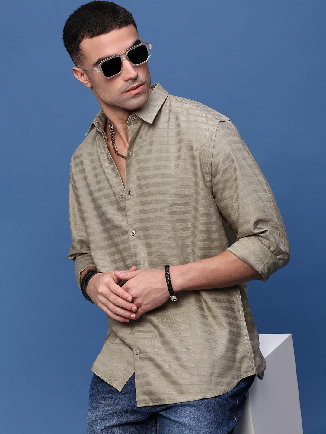 Men Brown Slim Fit Striped Shirt