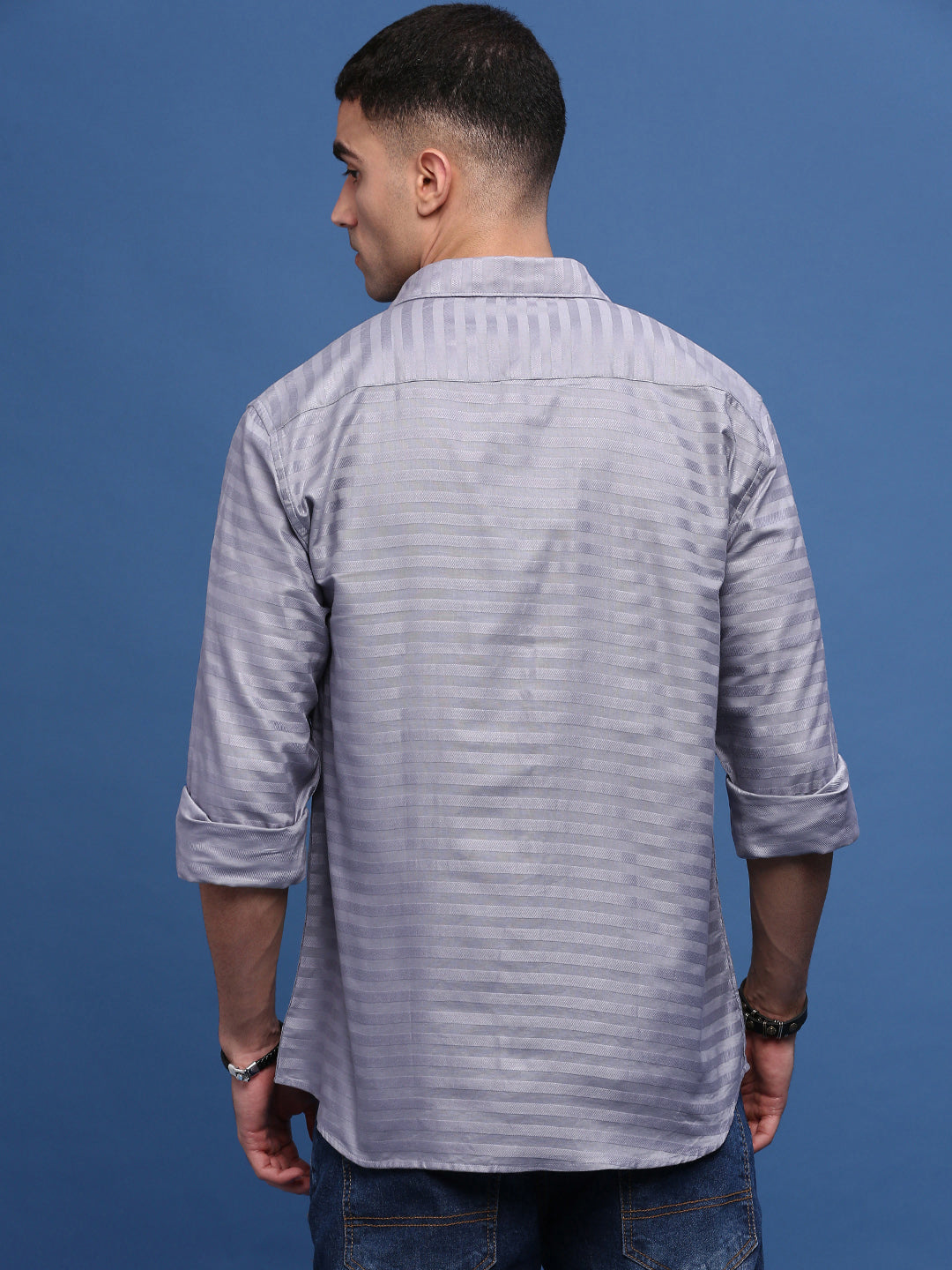 Men Grey Slim Fit Striped Shirt