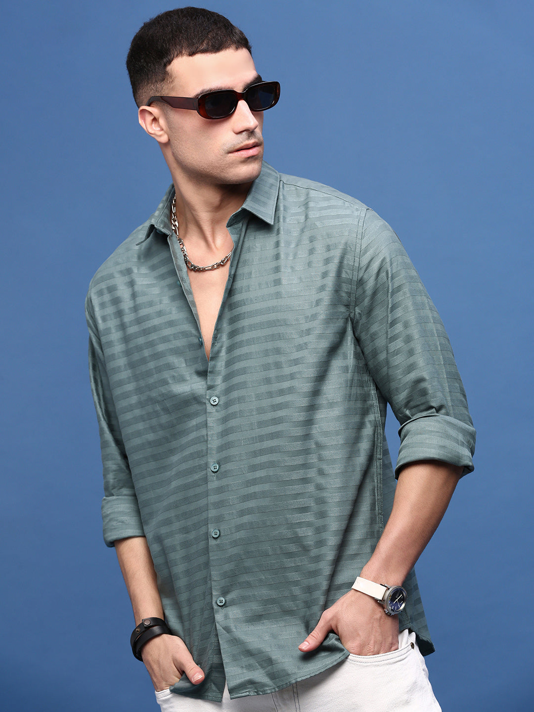 Men Green Slim Fit Striped Shirt