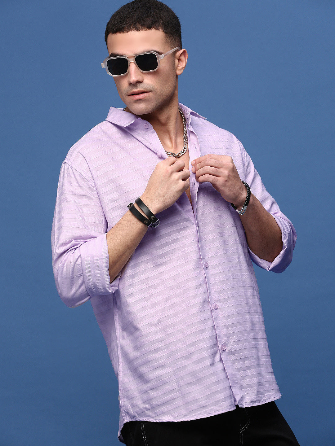 Men Lavender Slim Fit Striped Shirt