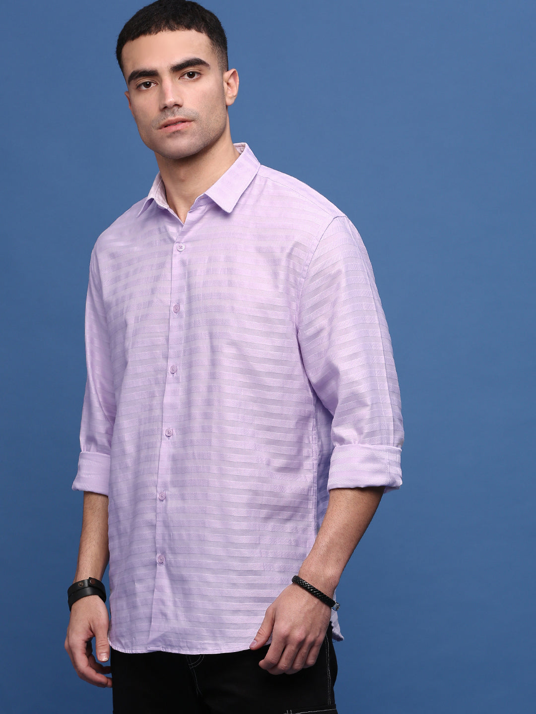 Men Lavender Slim Fit Striped Shirt