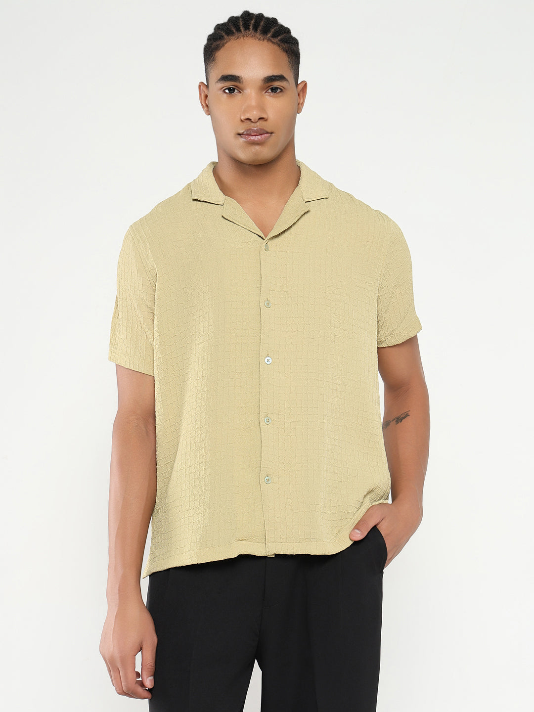 Men Yellow Cuban Collar Solid Shirt