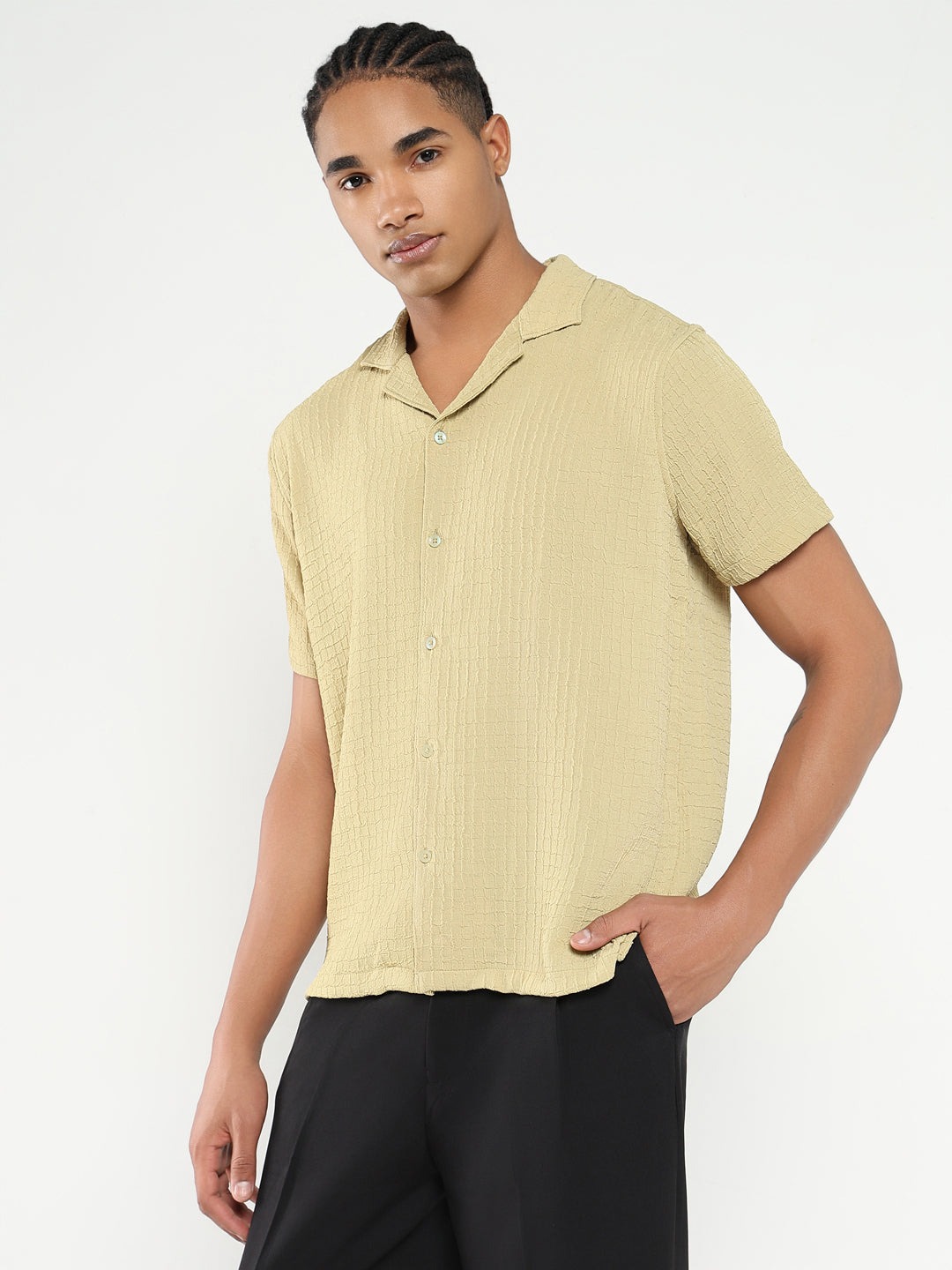 Men Yellow Cuban Collar Solid Shirt