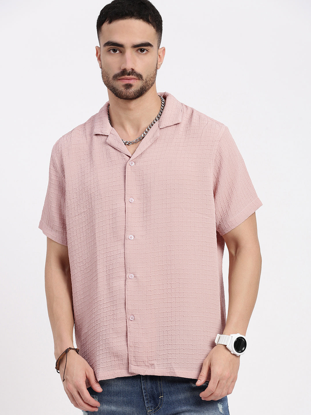 Men Peach Cuban Collar Solid Shirt