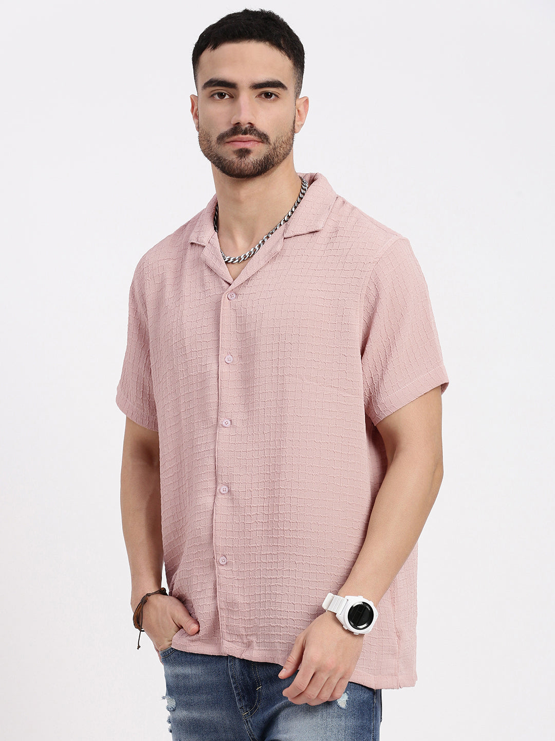 Men Peach Cuban Collar Solid Shirt