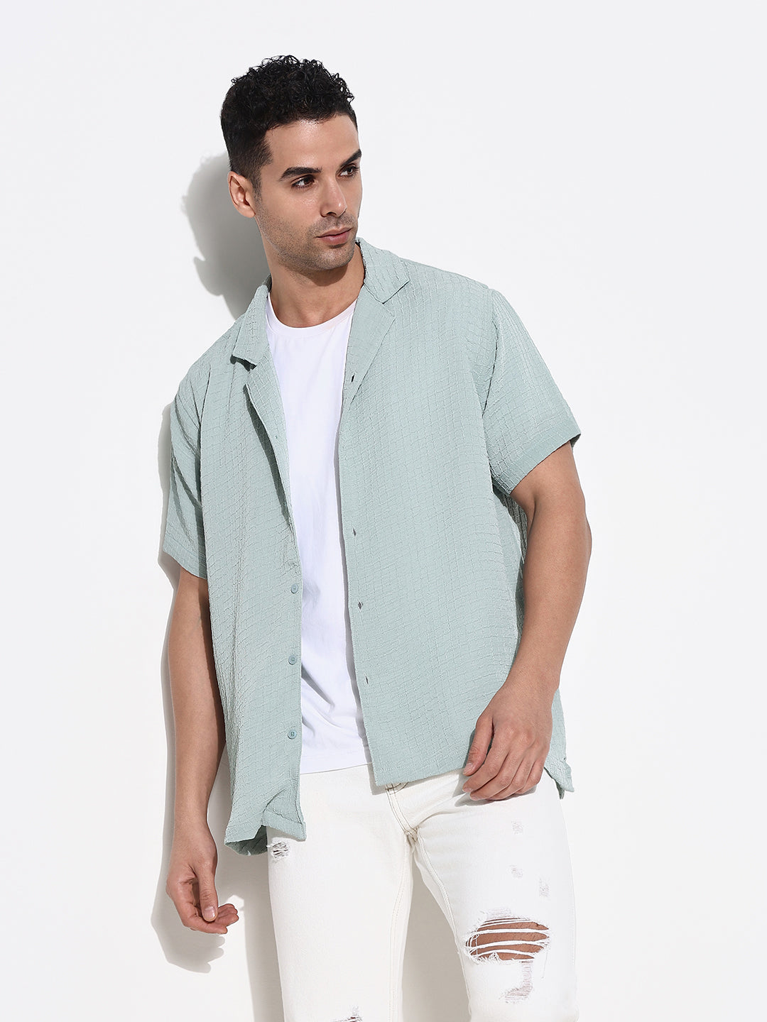 Men Green Solid Cuban Collar Shirt