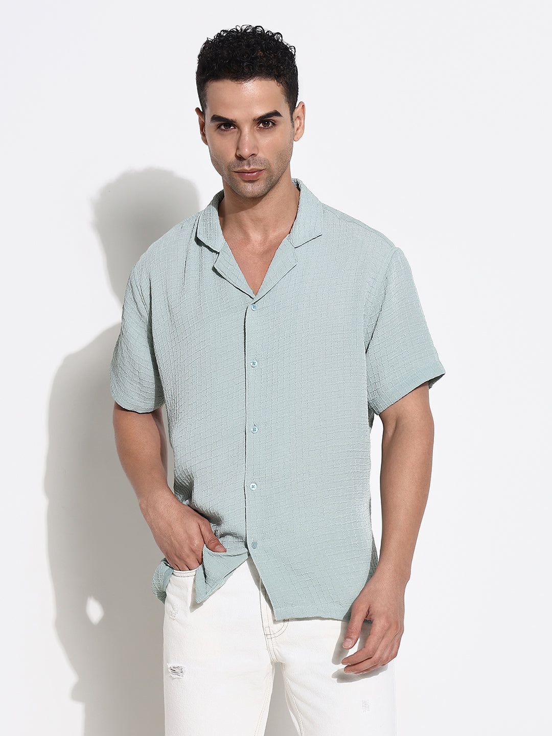 Men Green Solid Cuban Collar Shirt