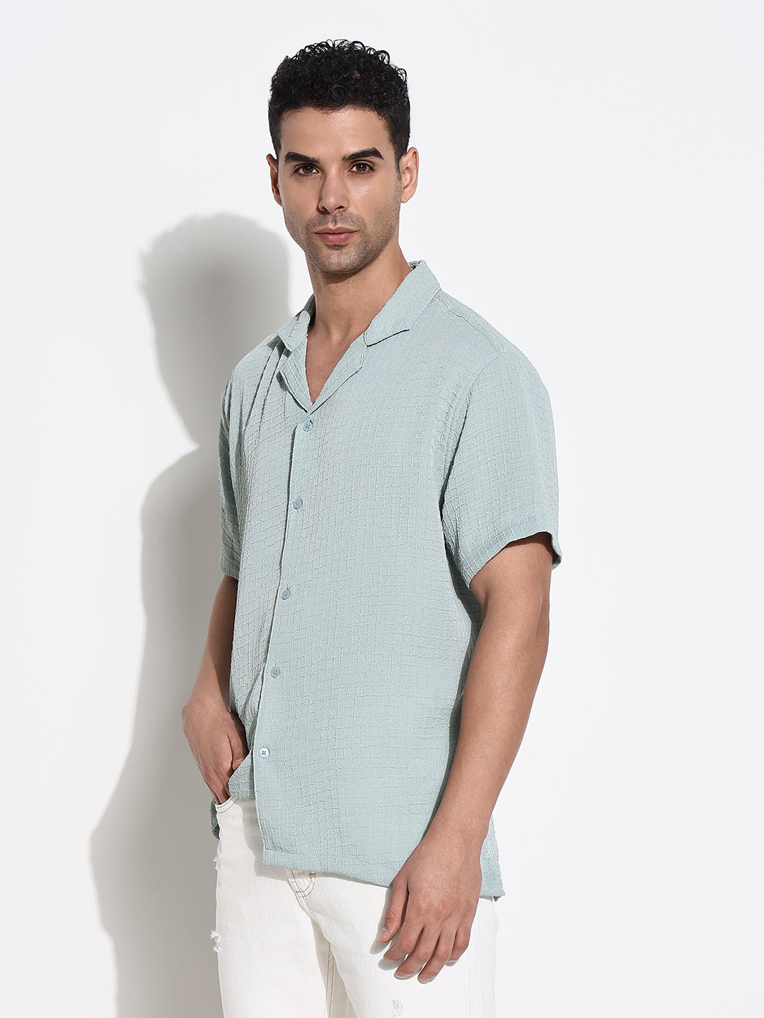 Men Green Solid Cuban Collar Shirt