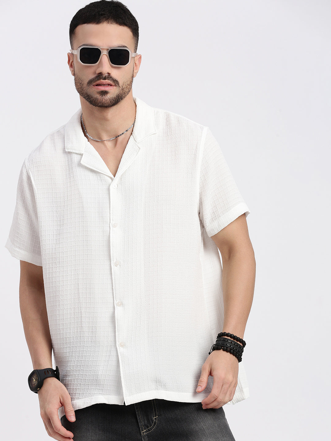 Men White Cuban Collar Solid Shirt