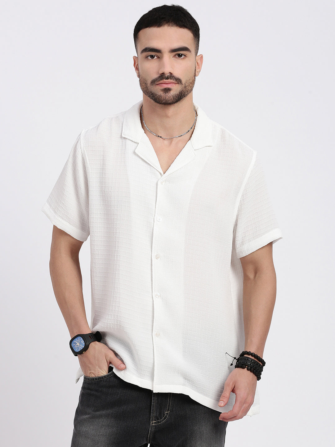 Men White Cuban Collar Solid Shirt