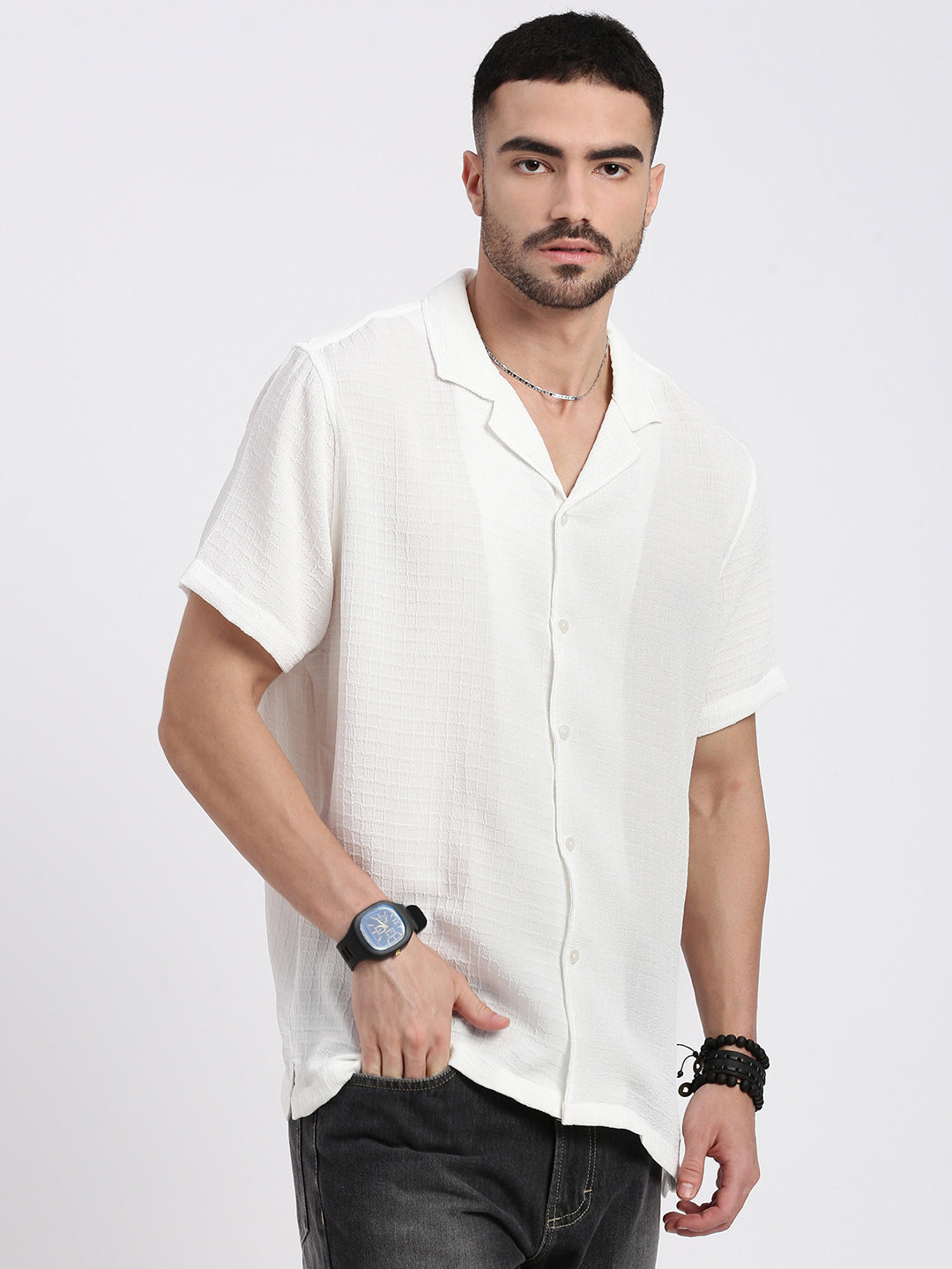 Men White Cuban Collar Solid Shirt