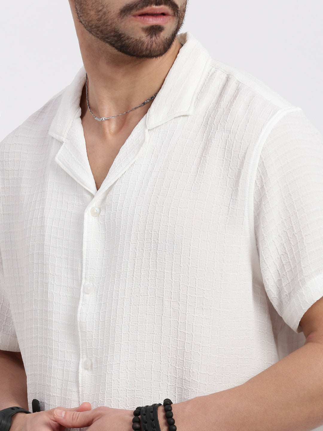 Men White Cuban Collar Solid Shirt