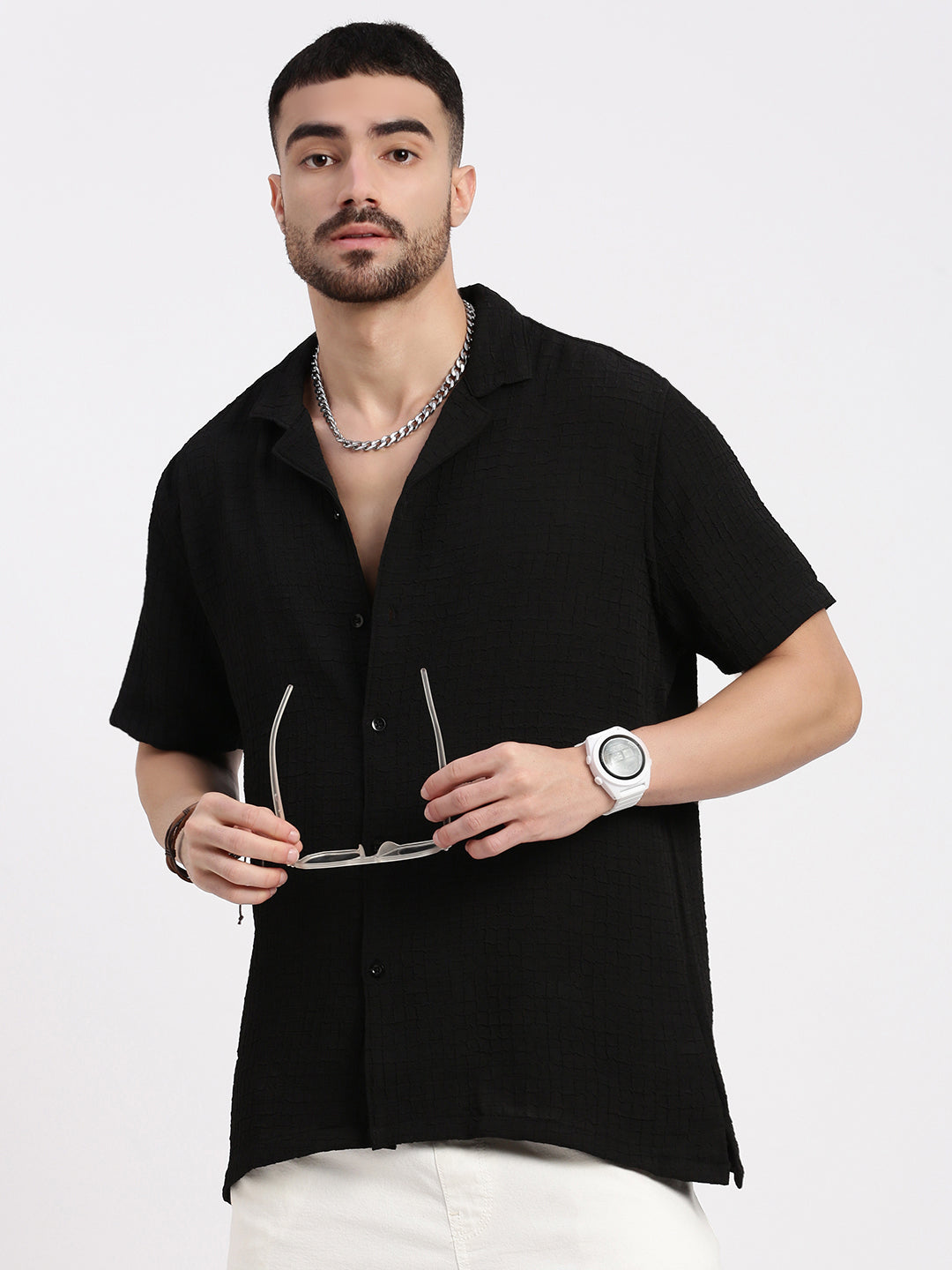 Men Black Cuban Collar Solid Shirt