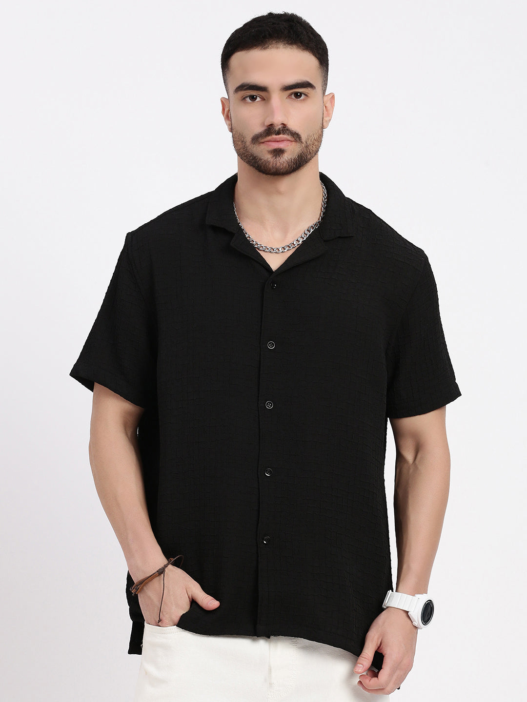 Men Black Cuban Collar Solid Shirt