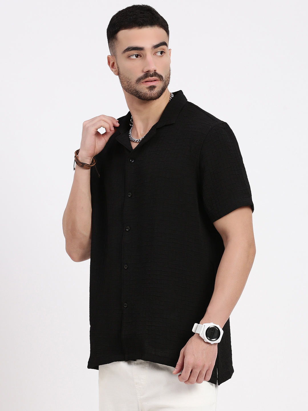 Men Black Cuban Collar Solid Shirt