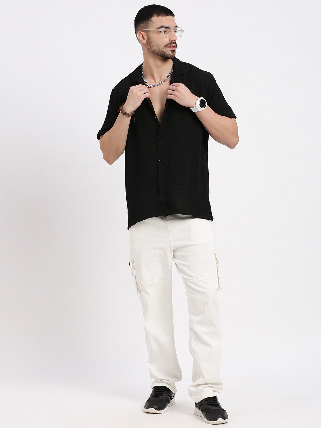 Men Black Cuban Collar Solid Shirt