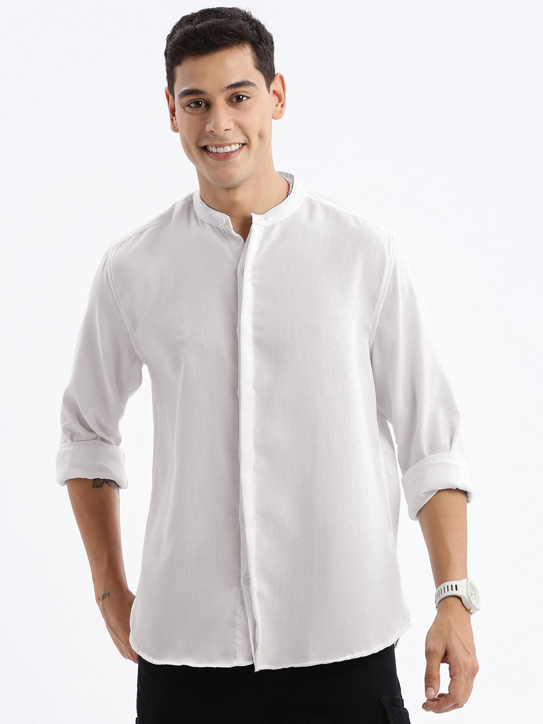 Men Mandarin Collar Solid Slim Fit White Shirt