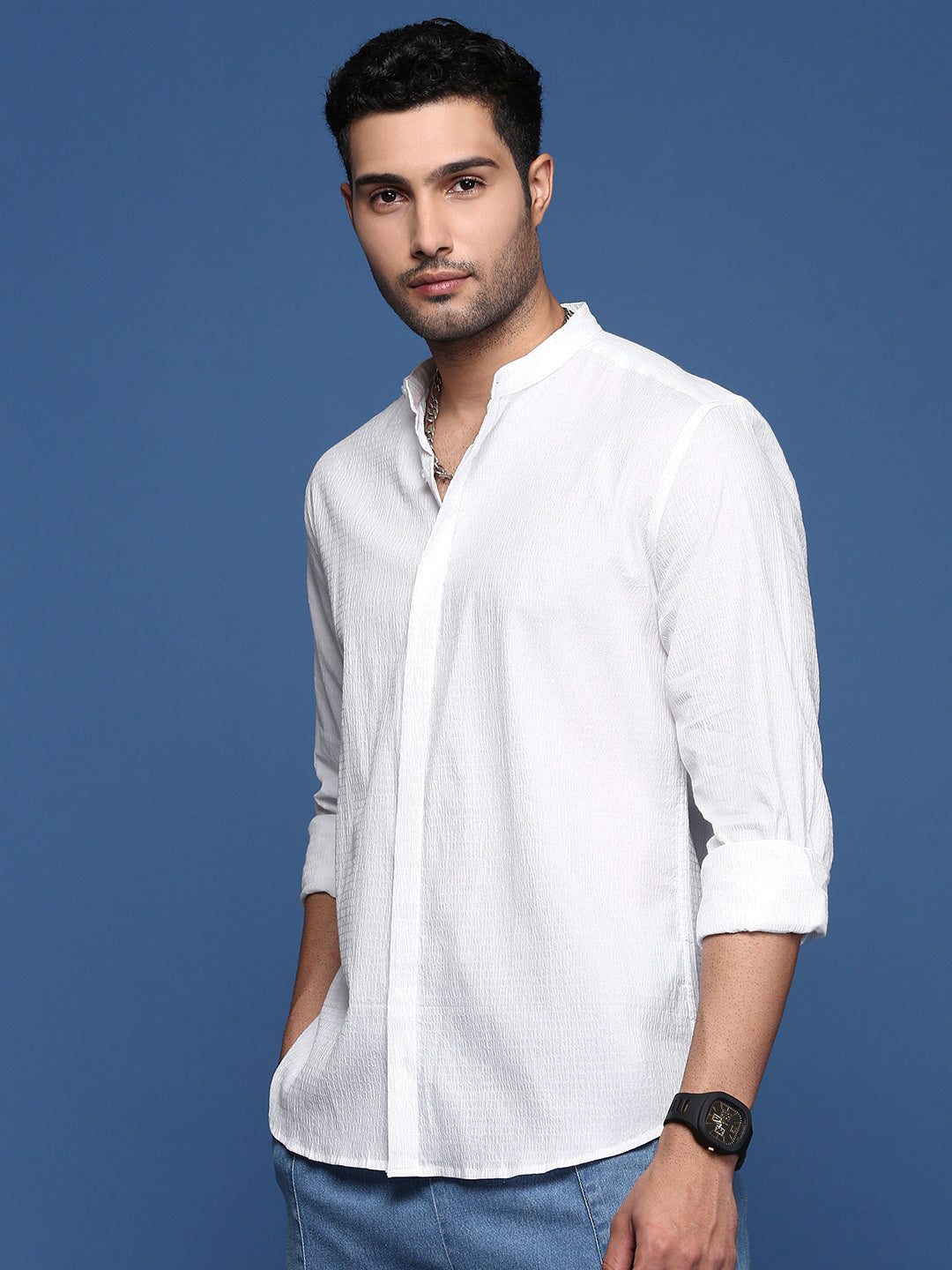 Men Mandarin Collar Solid White Slim Fit Shirt
