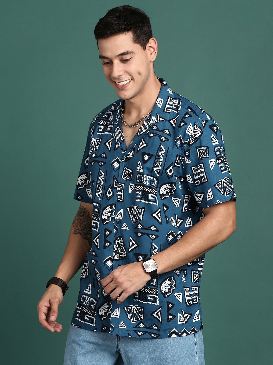 Men Cuban Collar Geometric Blue Relaxed Fit Shirt