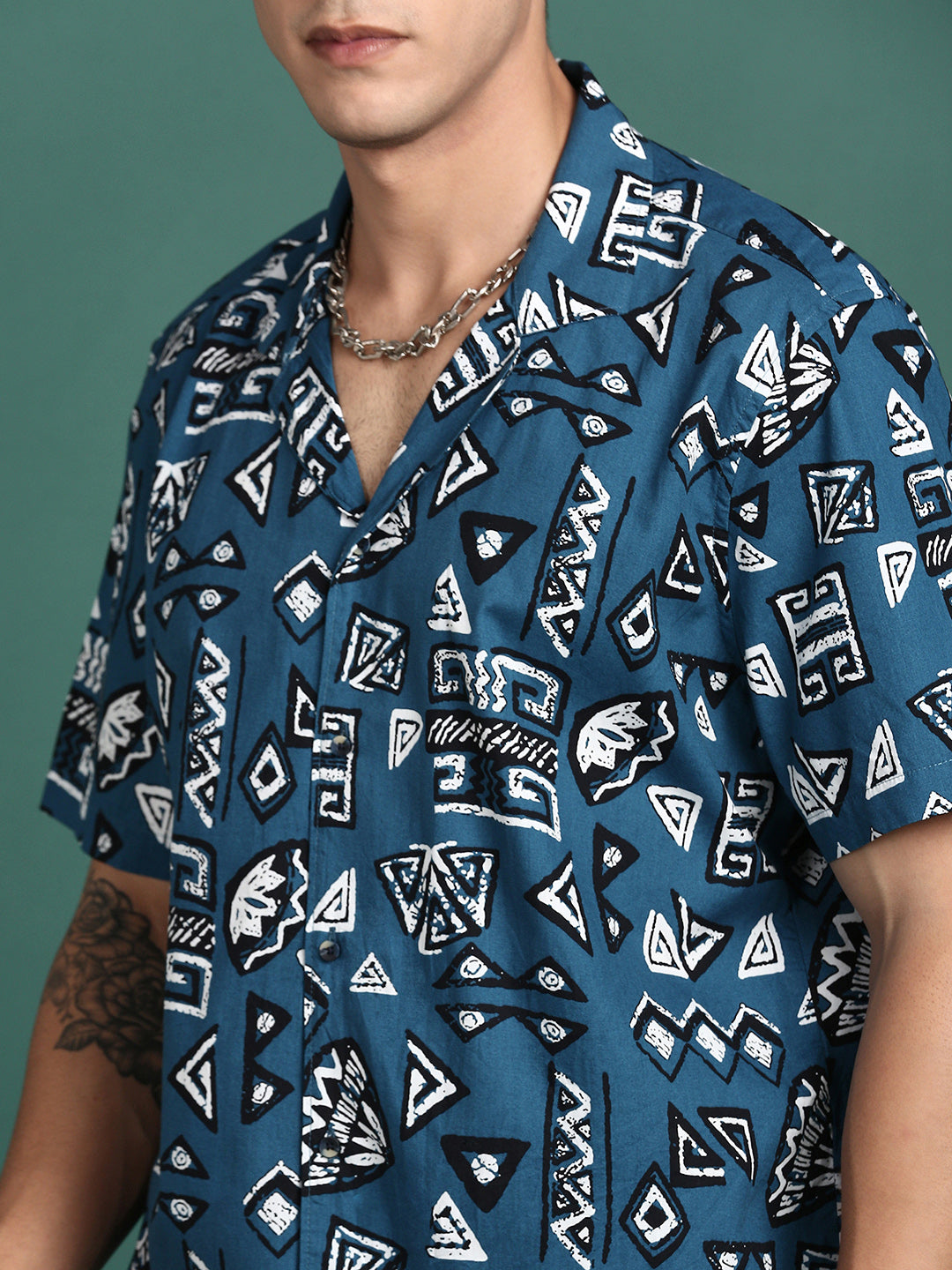Men Cuban Collar Geometric Blue Relaxed Fit Shirt