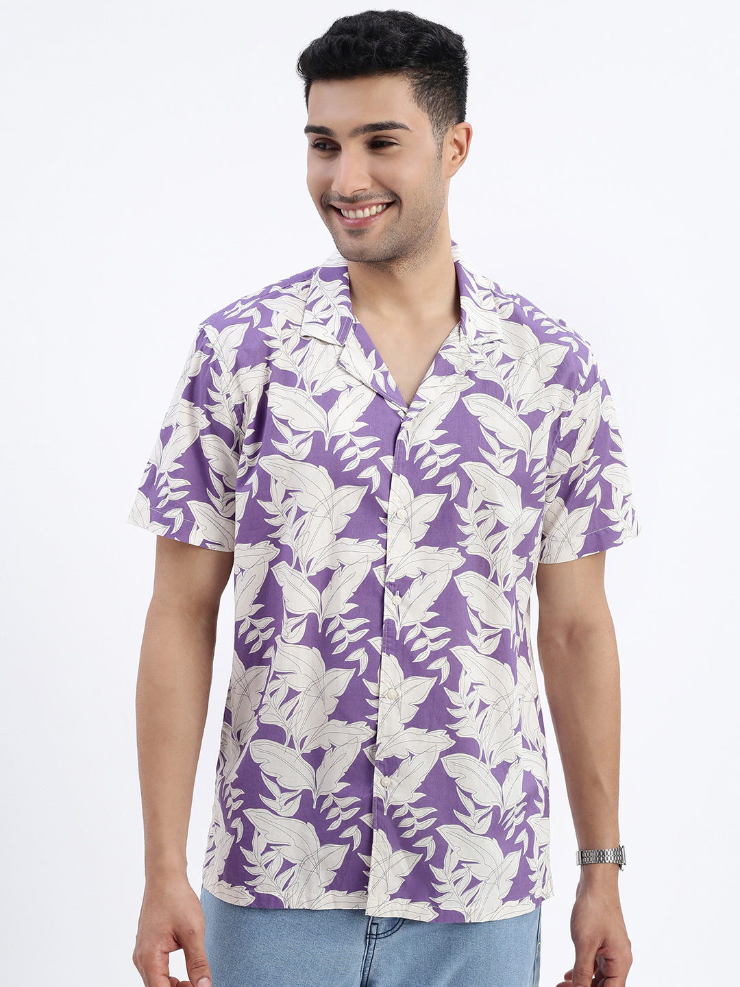 Men Purple Floral Cuban Collar Shirt