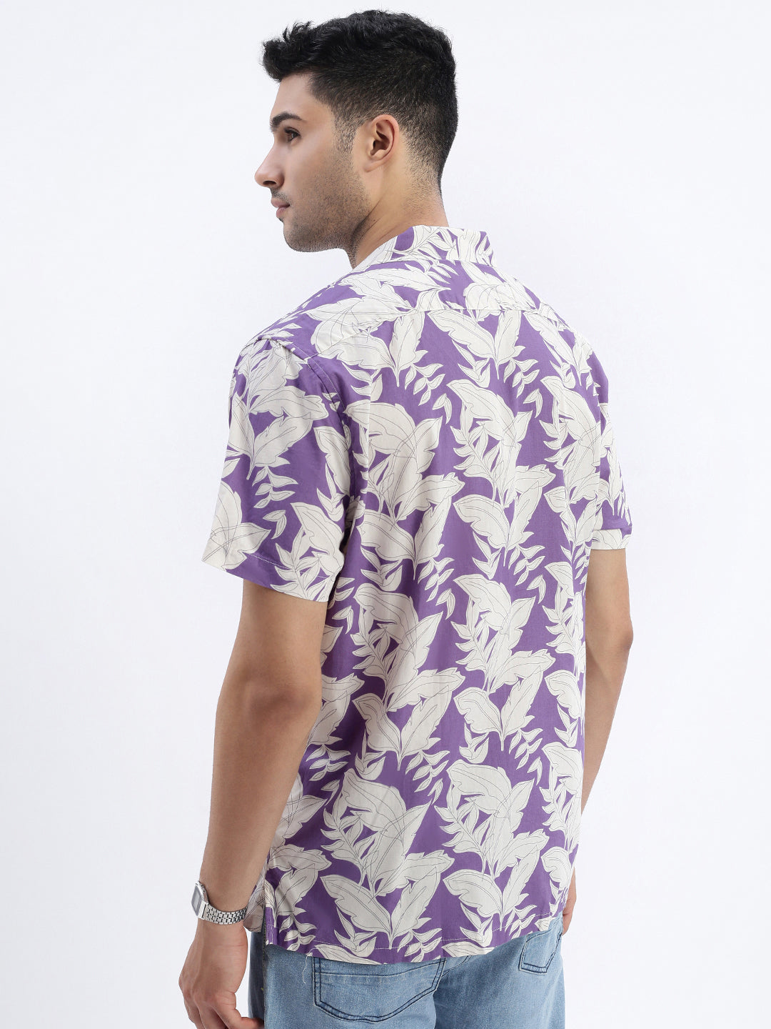 Men Purple Floral Cuban Collar Shirt