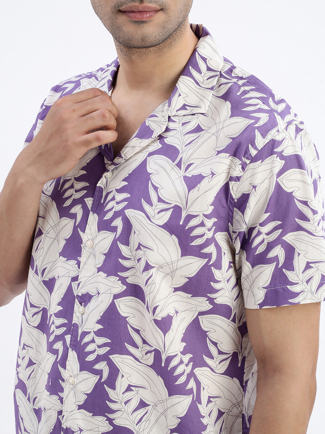 Men Purple Floral Cuban Collar Shirt