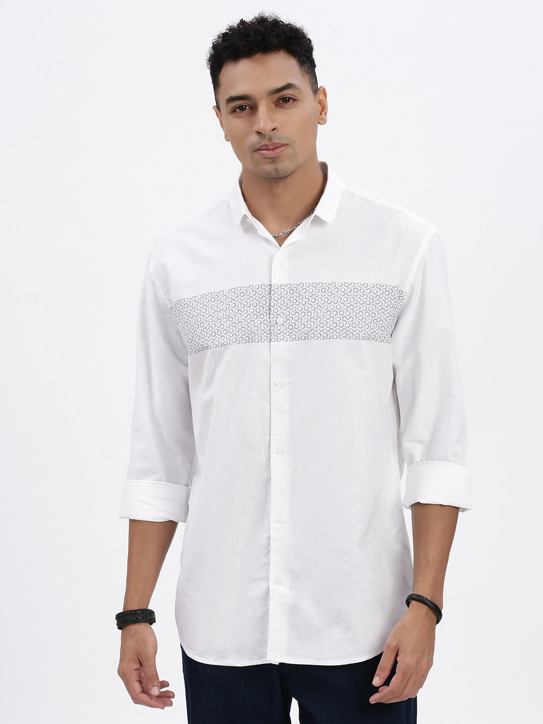 Men White Geometric Slim Fit Shirt