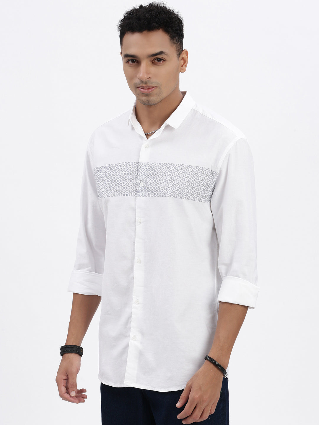 Men White Geometric Slim Fit Shirt