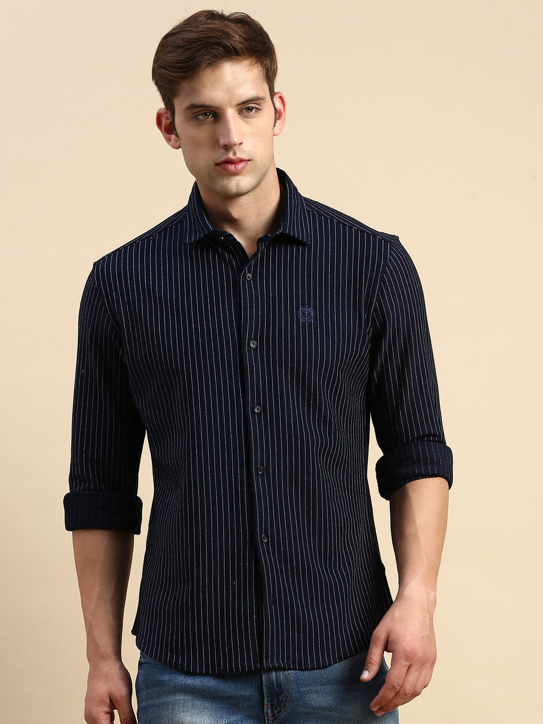 Men Spread Collar Striped Navy Blue Shirt