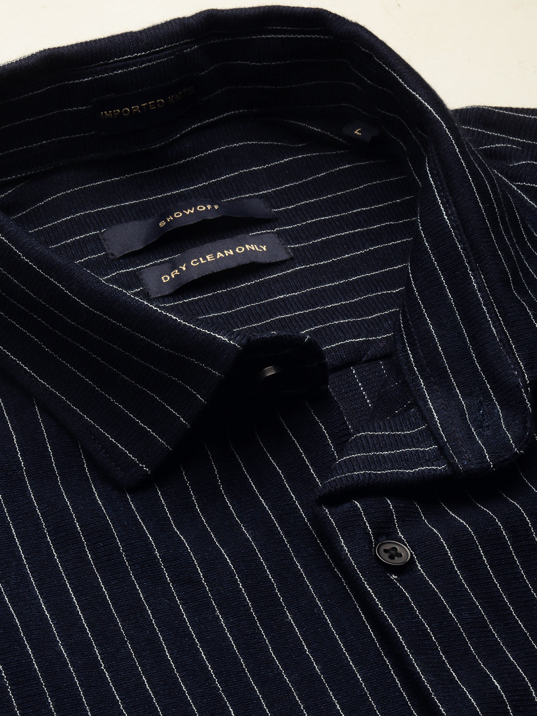 Men Spread Collar Striped Navy Blue Shirt