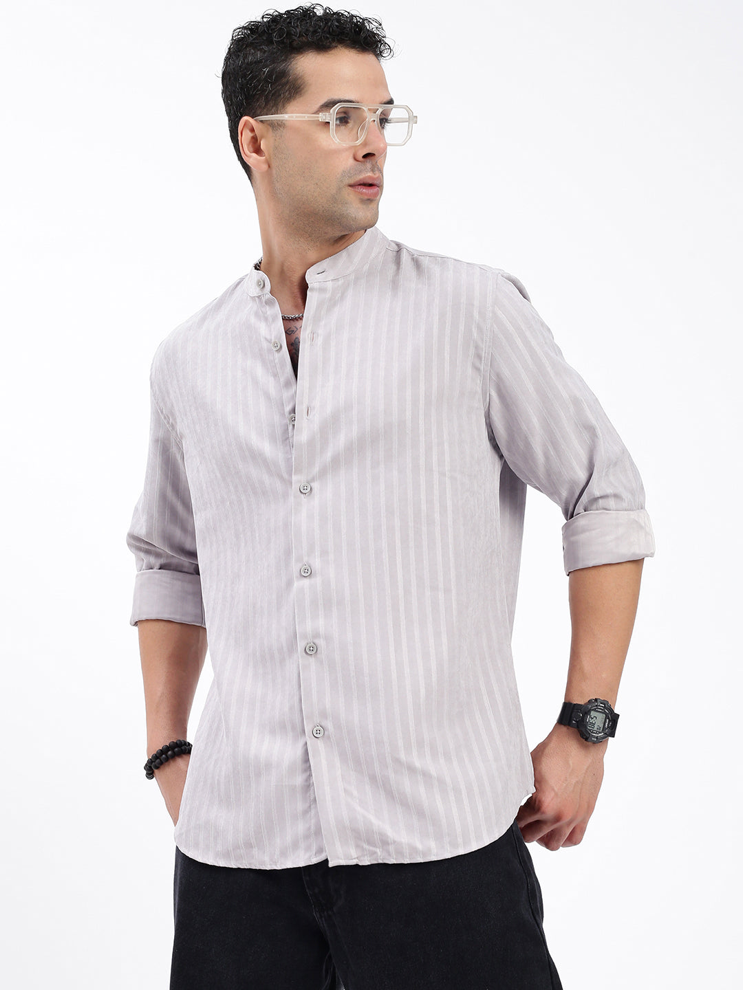 Men Striped Grey Slim Fit Shirt