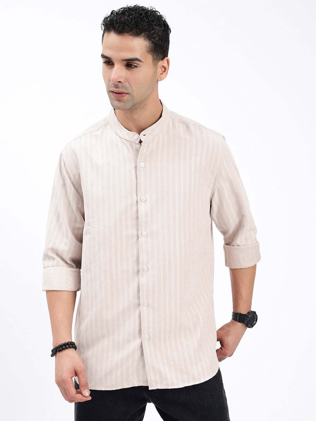 Men Striped Cream Slim Fit Shirt