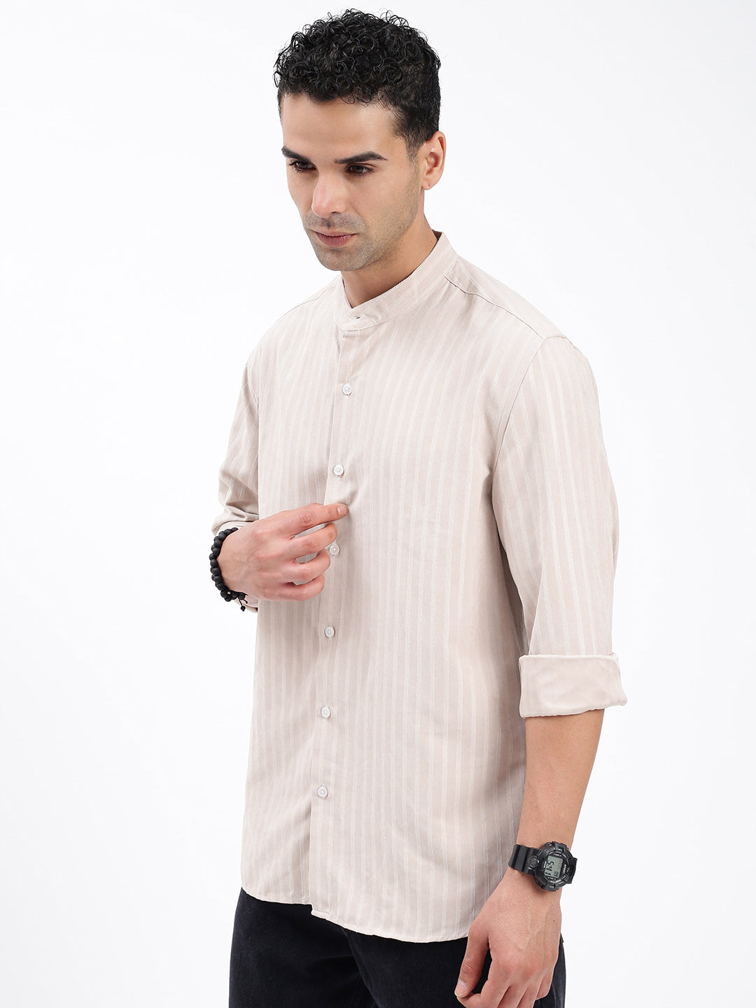 Men Striped Cream Slim Fit Shirt