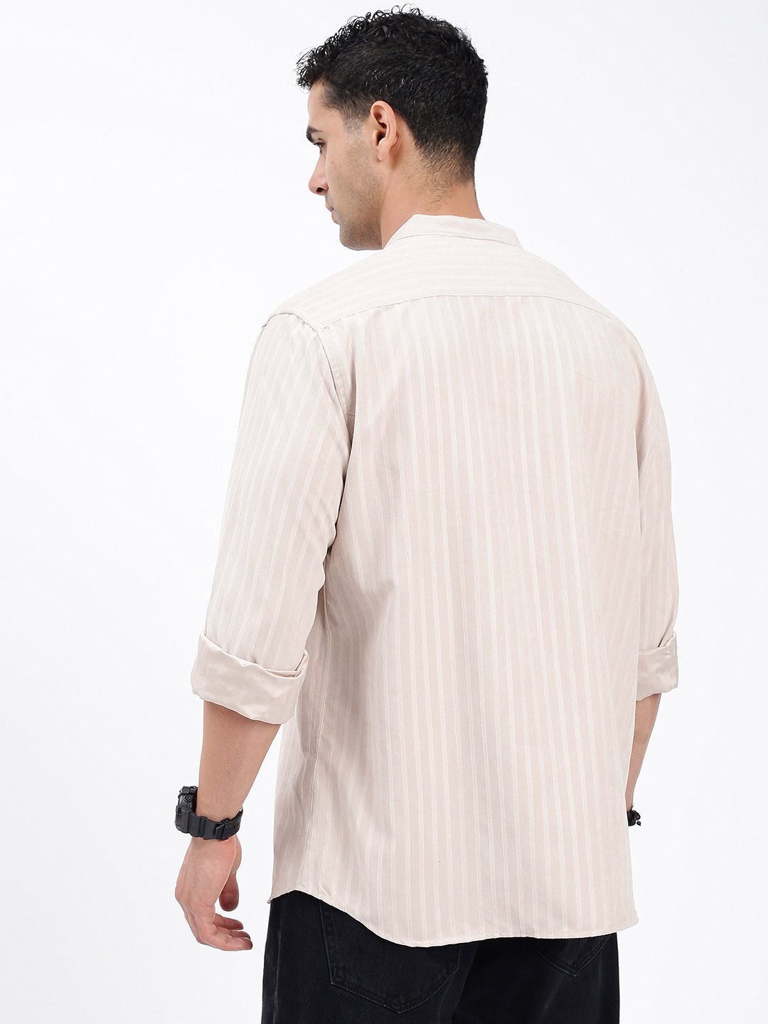 Men Striped Cream Slim Fit Shirt