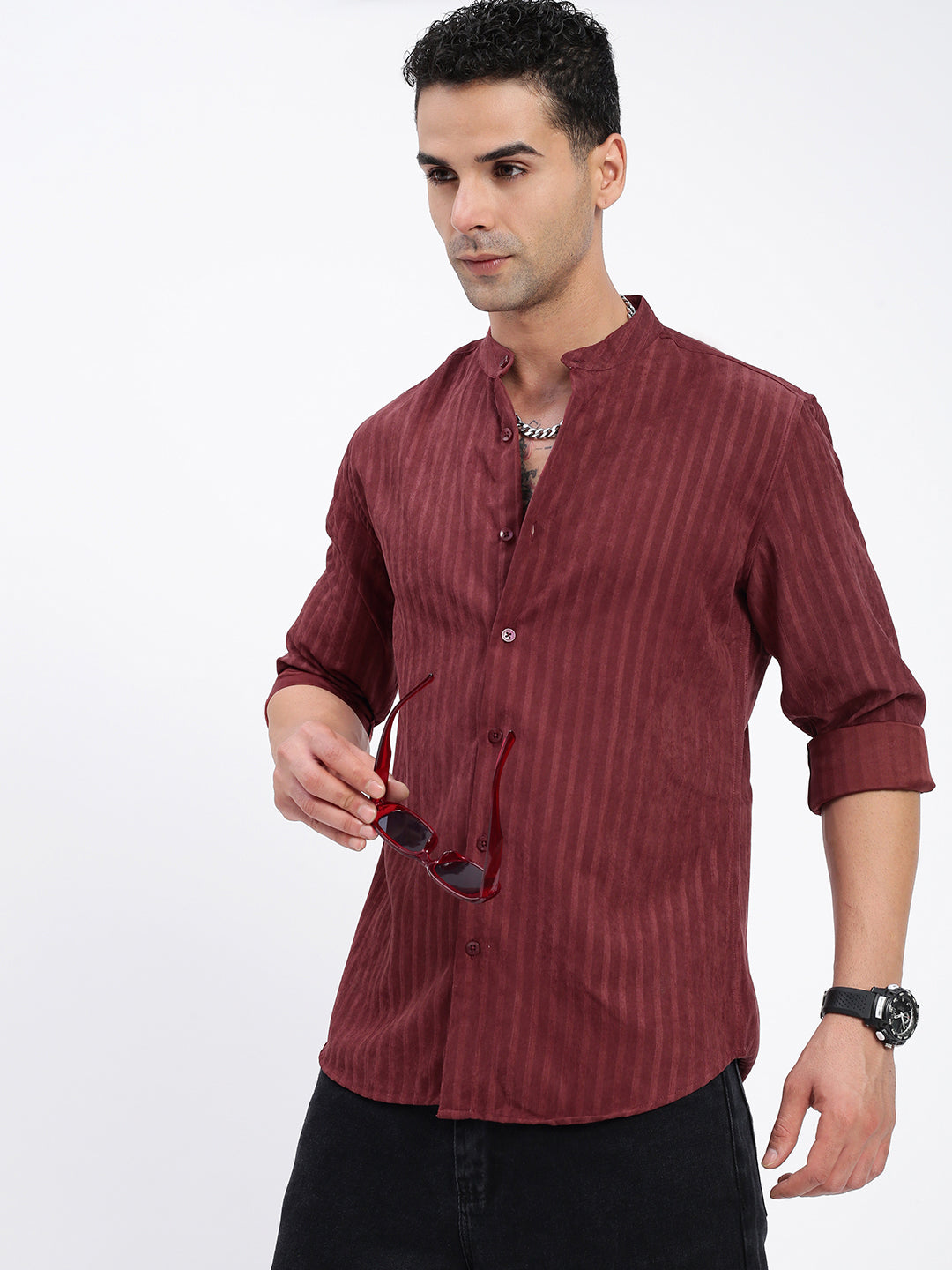 Men Striped Maroon Slim Fit Shirt